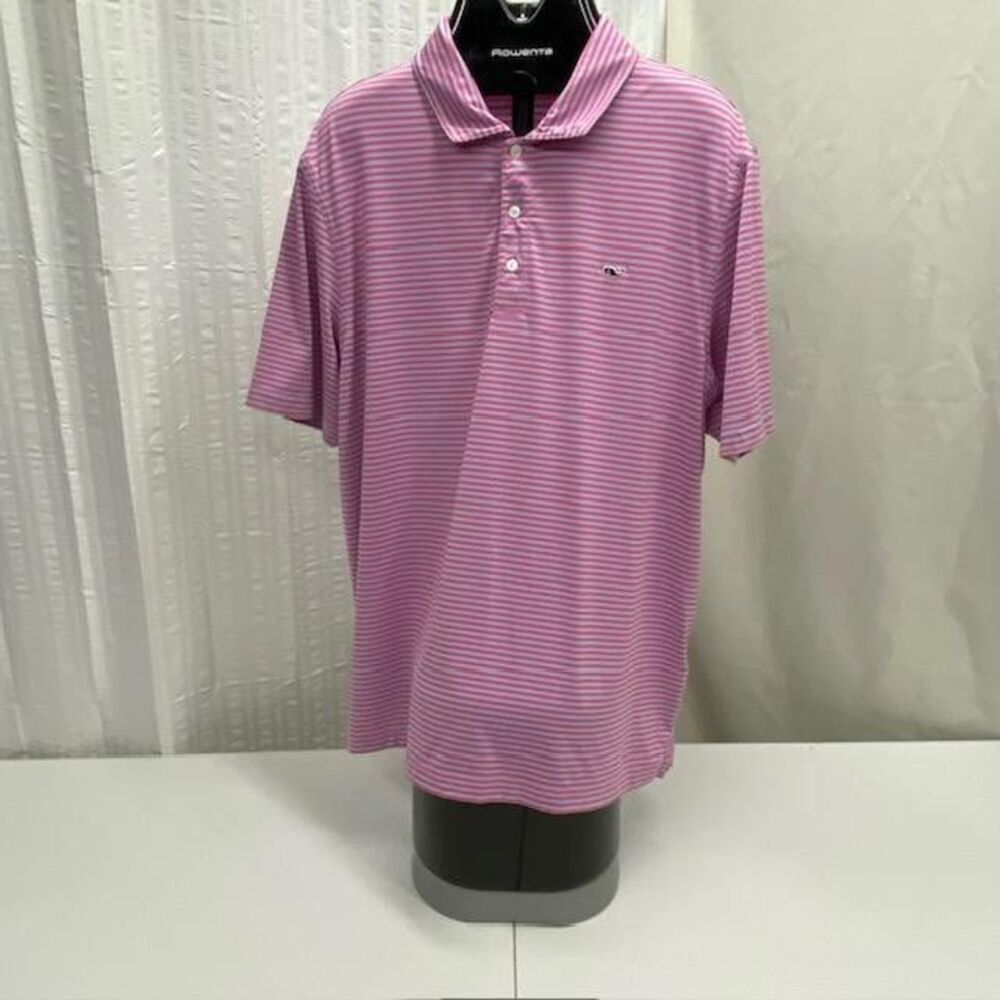 Vineyard Vines Performance Polo Mens XL Pink Blue Stripe Golf Whale Stretch